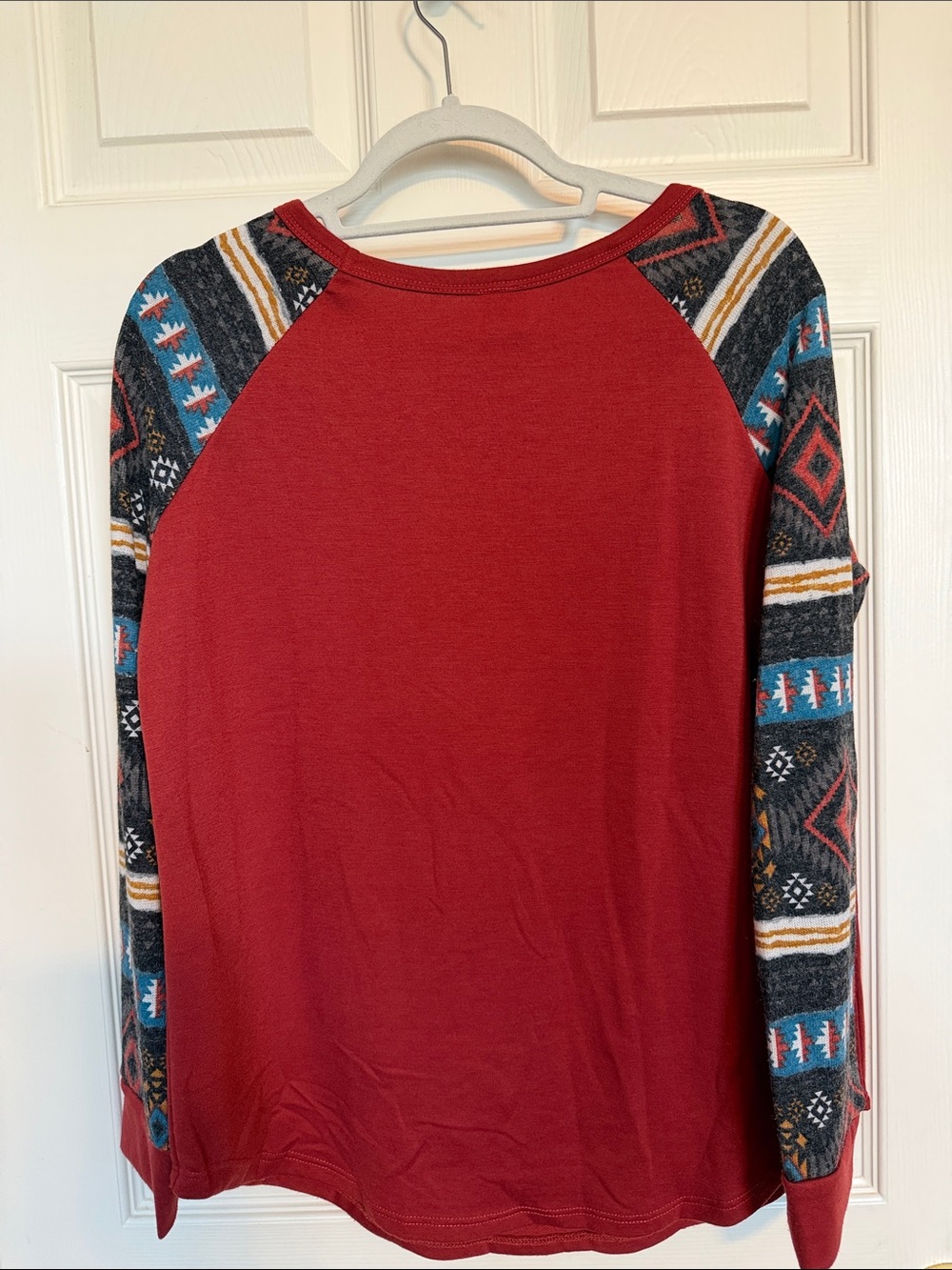7th Ray Red Raglan Top with Patterned Aztec-Print Sleeves (0016) - Picture 3 of 4